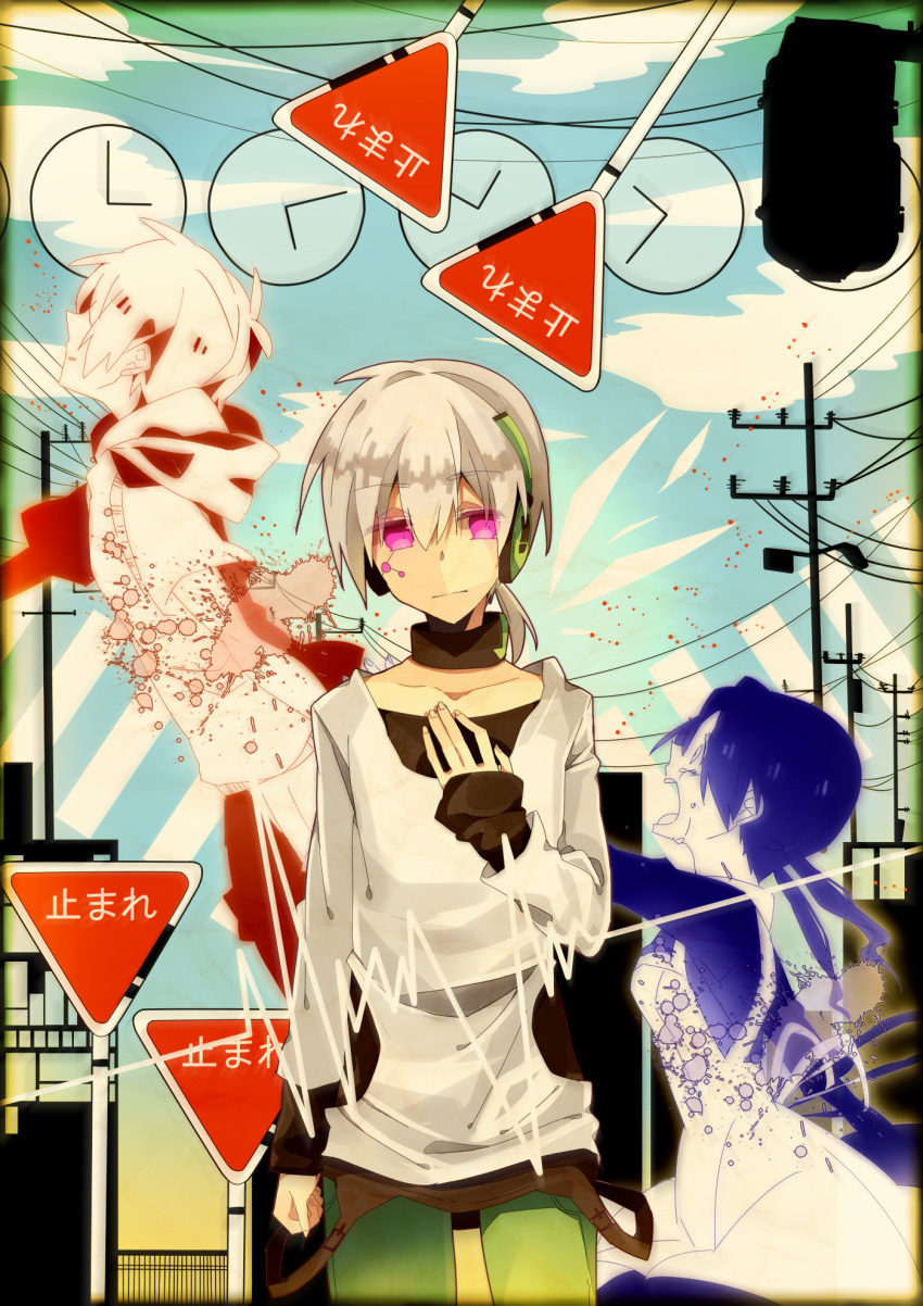 bad_id collarbone creator_connection hibiya_(kagerou_project) highres hiyori_(kagerou_project) kagerou_days_(vocaloid) konoha_(kagerou_project) konoha_no_sekai_jijou_(vocaloid) looking_at_viewer male pink_eyes sign sky smile vocaloid white_hair