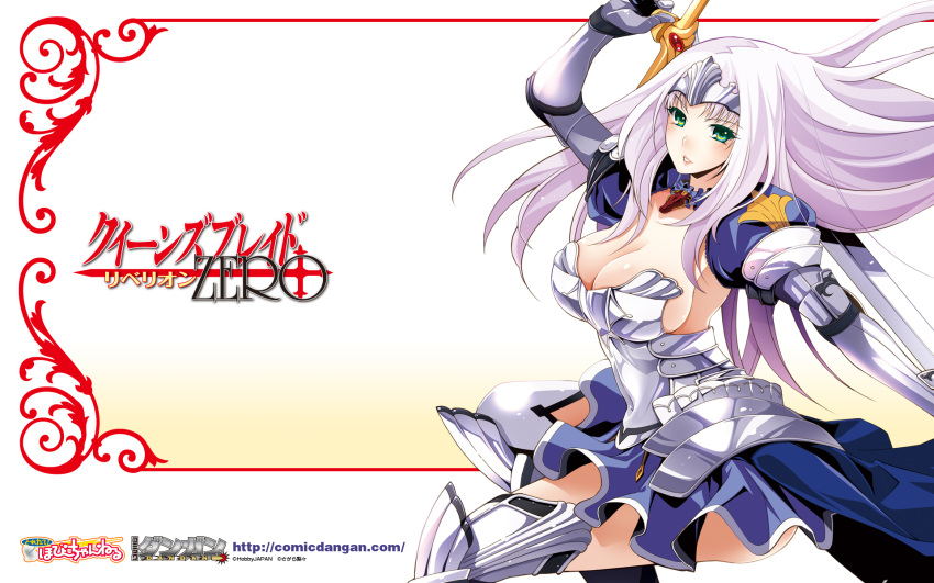 1920x1200 annelotte armor armored_dress breasts cleavage elbow_gloves gloves green_eyes highres large_breasts long_hair purple_hair queen's_blade queen's_blade queen's_blade_rebellion sword thighhighs wallpaper weapon