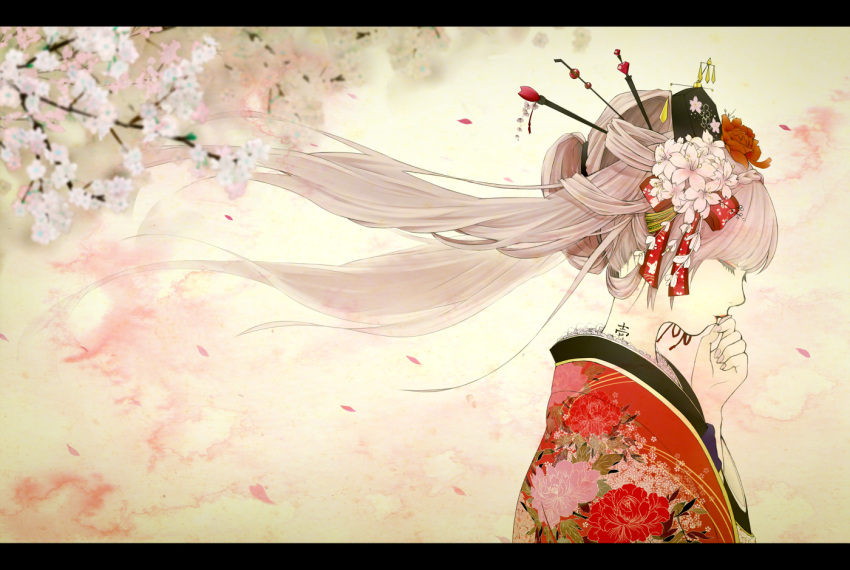 flower hatsune_miku headdress japanese_clothes kimono letterboxed object_namesake petals pink_hair sakura_miku vocaloid yache