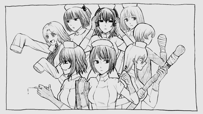 1boy 6+girls :d amamiya_(sakusei_byoutou) artificial_vagina bandaged_arm bandages gloves go_go_ghost_ship hair_ornament hands_on_own_face hat headphones highres hiramatsu_(sakusei_byoutou) holding holding_pen holding_stick kashiran kurokawa_(sakusei_byoutou) lab_coat long_hair medium_hair mochizuki_(sakusei_byoutou) multiple_girls nurse nurse_cap ootsuka_(sakusei_byoutou) parody pen ponytail ribbed_shirt sakusei_byoutou sex_toy shirt short_hair short_ponytail sidelocks smile stick straight_hair syringe wavy_hair yamada_(sakusei_byoutou)