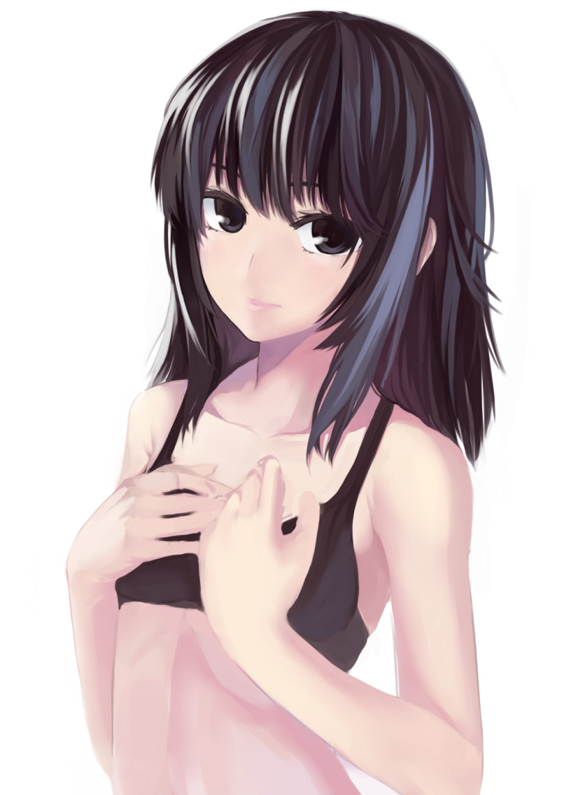 bad_id ban_(bannyata) bare_shoulders black_eyes black_hair bust collarbone hands_on_own_chest highres lips lm looking_at_viewer original simple_background solo tank_top white_background