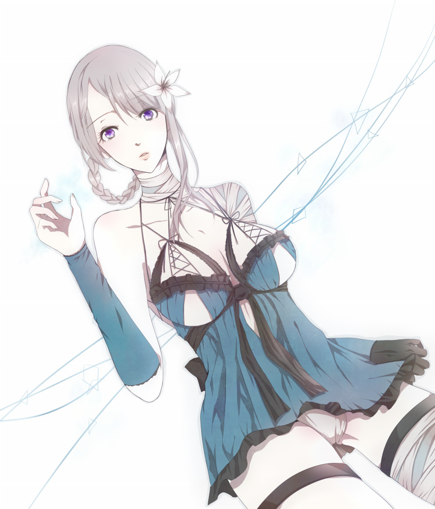 artist_request bandage bandages belt bow braid breasts elbow_gloves flower frills gloves hair_ornament highres kaine_(nier) lingerie negligee nier panties purple_eyes ribbon short_hair silver_hair solo thigh-highs thigh_strap thighhighs underwear violet_eyes white_hair white_panties