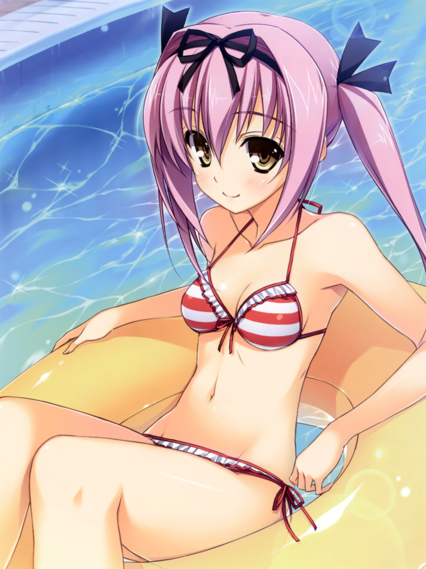 absurdres bare_shoulders bikini breasts brown_eyes cleavage collarbone front-tie_top hair_ribbon halter_top halterneck highres innertube itou_maki kimi_to_issho_ni lens_flare long_hair looking_at_viewer navel original partially_submerged pool poolside purple_hair reclining ribbon side-tie_bikini smile solo sparkle striped striped_bikini striped_swimsuit swimsuit water yuuki_hagure