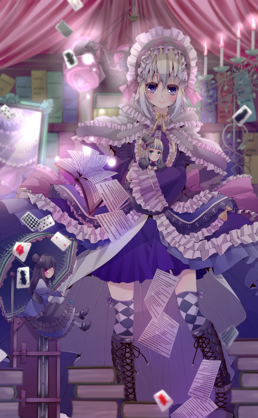 blonde_hair blush book boots candle card cross-laced_footwear doll embellished_costume eyelashes flower frills hairband highres lace-up_boots playing_card purple_eyes rose shunsuke smile thigh-highs thighhighs touhou violet_eyes