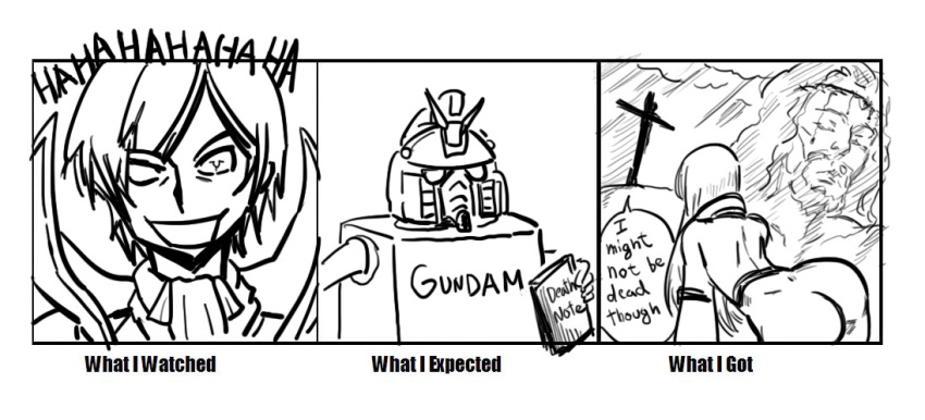 ass bb_(baalbuddy) bb_(pixiv2526006) bodysuit c.c. cardboard_box_gundam code_geass cross crucifixion geass jesus lelouch_lamperouge long_hair monochrome orz parody spoilers what_i_watched_what_i_expected_what_i_got