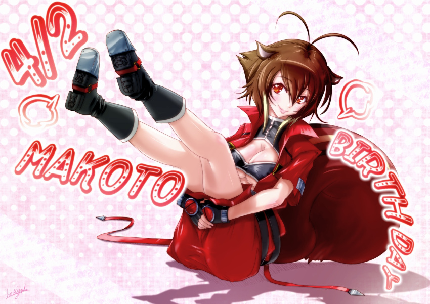 ahoge alternate_costume animal_ears antenna_hair artist_request ass belt birthday blazblue blush boots breasts brown_hair character_name cleavage cleavage_cutout cosplay cropped_jacket fingerless_gloves gloves happy_birthday high_collar highres jacket makoto_nanaya ragna_the_bloodedge ragna_the_bloodedge_(cosplay) red_eyes short_hair sitting skirt smile solo squirrel_ears squirrel_tail tail