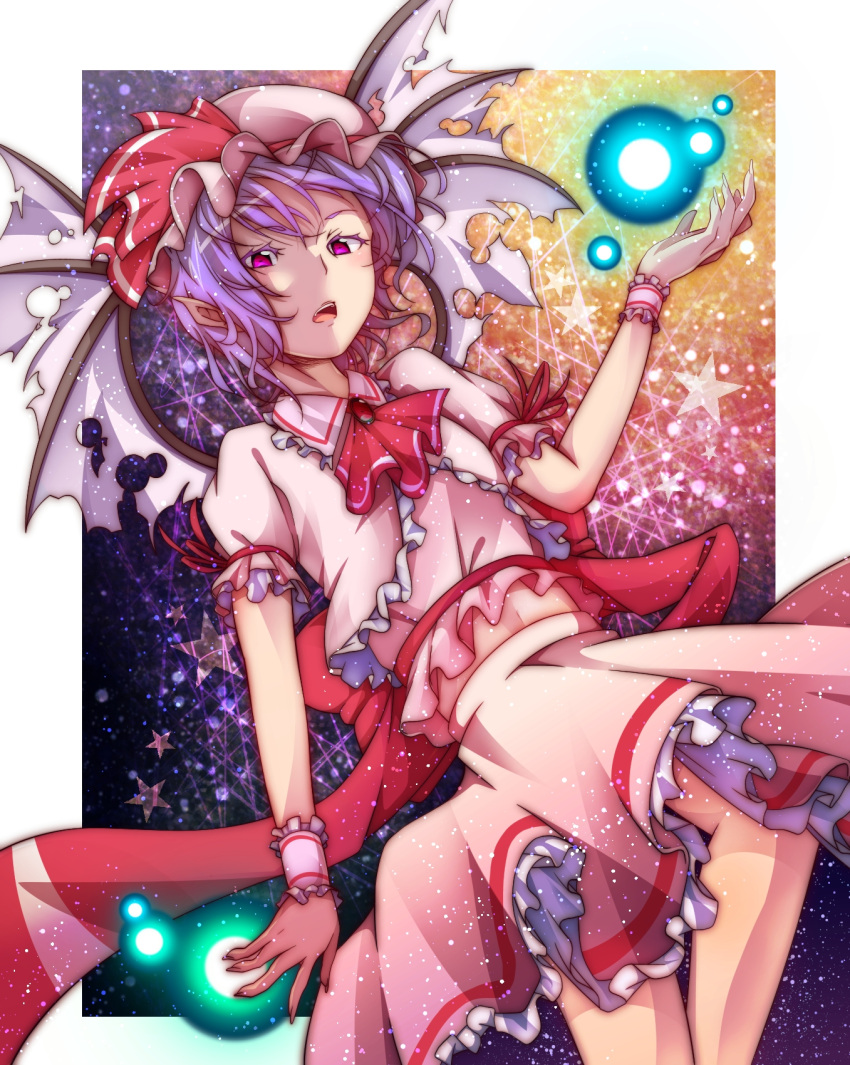 arm_up ascot bad_id bat_wings brooch energy_ball error hat hat_ribbon highres jewelry light_particles lights looking_at_viewer midriff mizuki_(ekakichan) open_mouth pointy_ears purple_eyes purple_hair remilia_scarlet revision ribbon shirt short_hair skirt skirt_set solo star torn_wings touhou upskirt violet_eyes wings wrist_cuffs wrist_ribbon