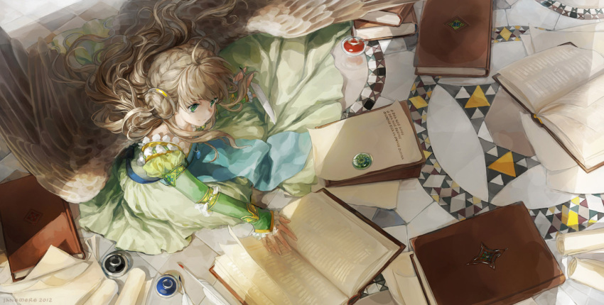 blonde_hair book dress feathers green_eyes hair_rings janemere jewelry long_hair necklace original paper scroll smile wings