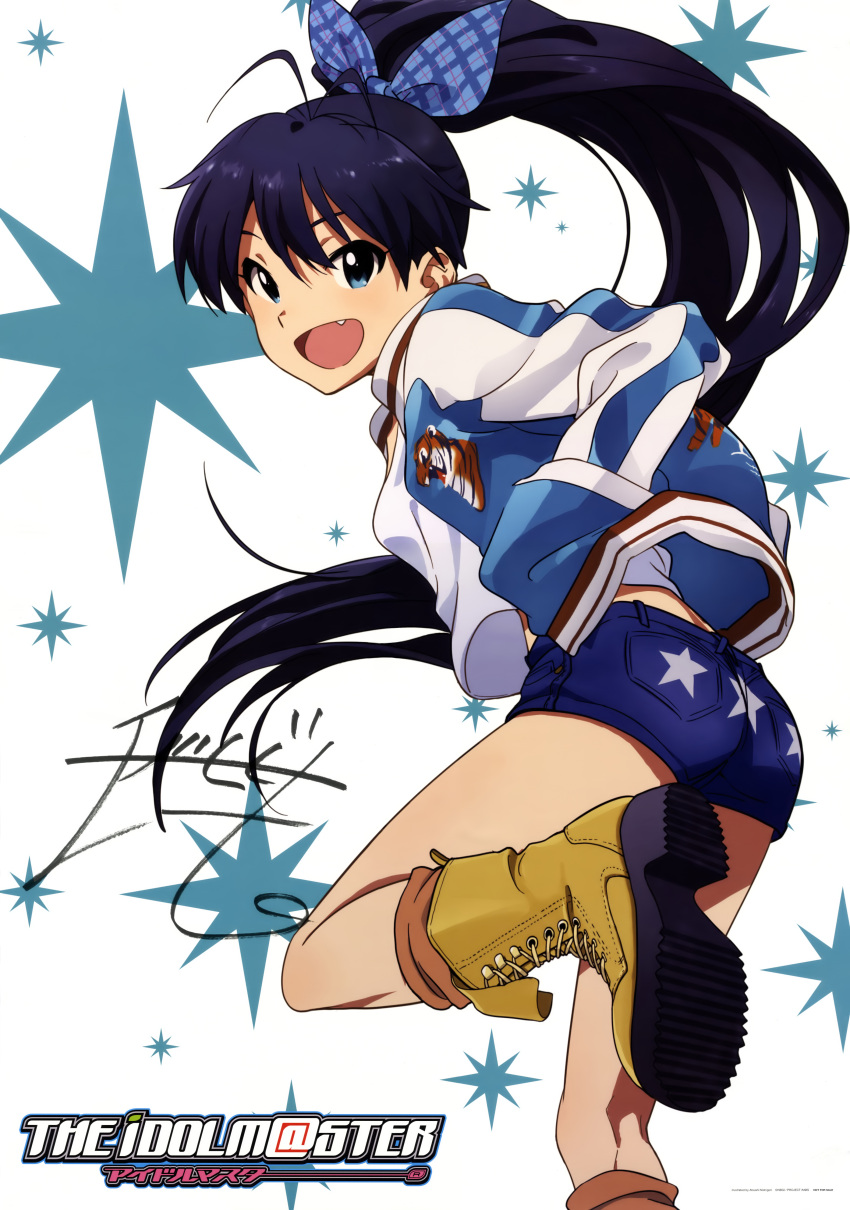 absurdres ahoge ass blue_eyes blue_hair boots bow cover denim denim_shorts dvd_cover fang ganaha_hibiki hair_bow highres huge_filesize idolmaster leg_lift legs long_hair looking_at_viewer looking_back nishigori_atsushi official_art open_mouth ponytail shoe_soles shoes shorts signature smile solo standing_on_one_leg star very_long_hair