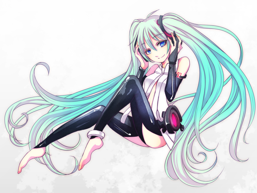 anklet aqua_hair barefoot blue_eyes bridal_gauntlets hatsune_miku hatsune_miku_(append) jewelry long_hair miku_append necktie sitting solo thigh-highs thighhighs twintails very_long_hair vocaloid vocaloid_append