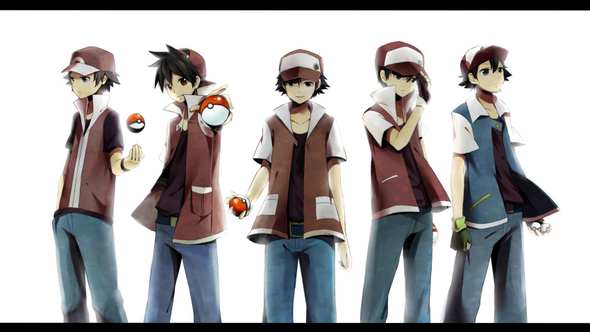 ash black_eyes black_hair brown_eyes brown_hair child dual_persona expressionless grey_eyes highres holding holding_poke_ball letterboxed multiple_boys odd_one_out poke_ball pokemon pokemon_(anime) pokemon_(game) pokemon_frlg pokemon_gsc pokemon_rgby pokemon_special red_(pokemon) red_(pokemon)_(classic) red_(pokemon)_(remake) red_eyes satoshi_(pokemon) satoshi_(pokemon)_(classic) simple_background standing tagme_(character) throwing_poke_ball yache