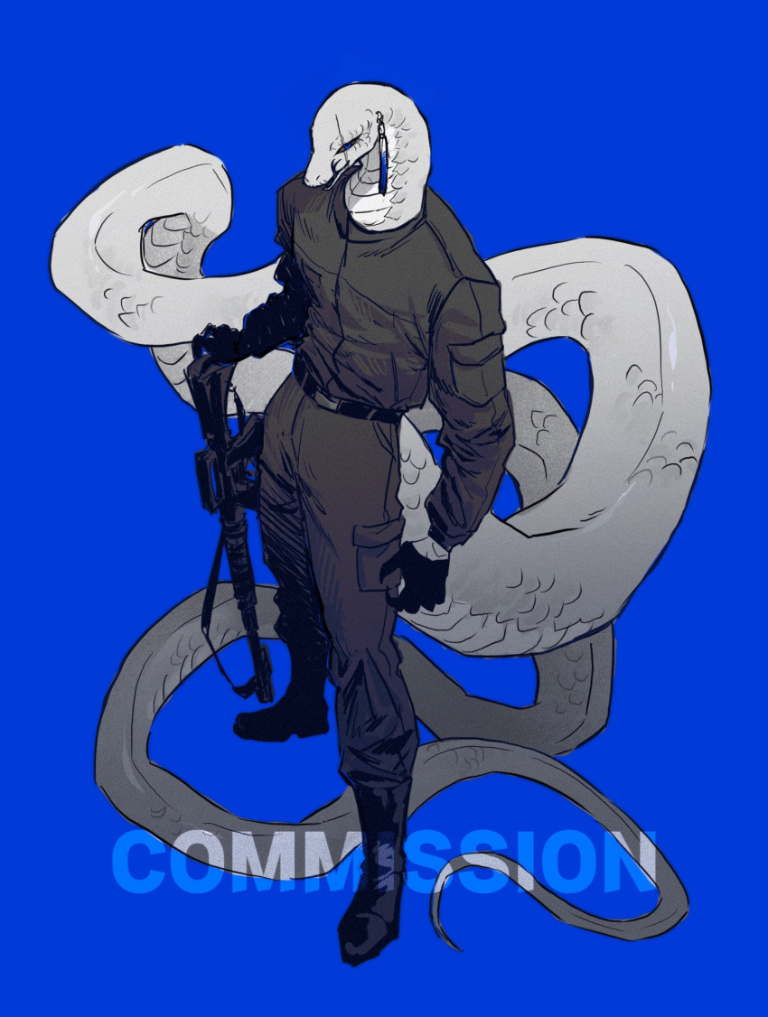1boy blue_background blue_eyes boots boss_00 colored_sclera colored_skin commentary_request commission forked_tongue furry furry_male grey_scales grey_sclera grey_skin gun highres holding holding_gun holding_weapon korean_commentary licking_lips male_focus original scar scar_across_eye scar_on_face simple_background snake_boy solo standing tongue tongue_out very_long_tail weapon