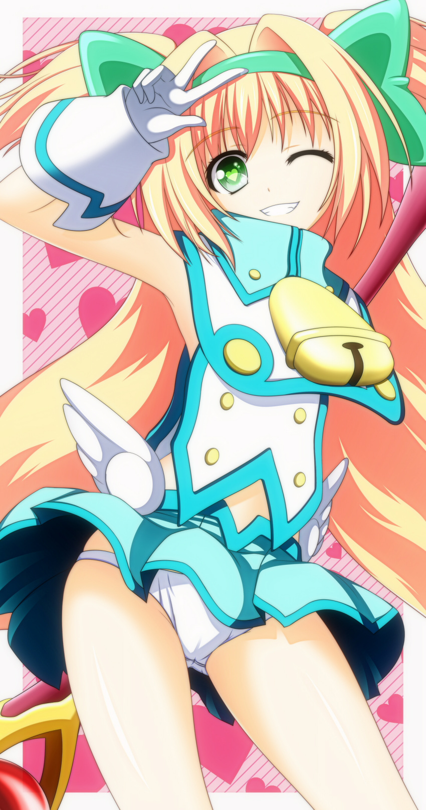 ;d absurdres armpits bell bell_collar blazblue blonde_hair collar flat_chest gloves green_eyes hair_intakes heart heart-shaped_pupils highres lolitacentury long_hair magical_girl open_mouth panties pantyshot platinum_the_trinity quad_tails ribbon salute skirt skirt_lift smile solo symbol-shaped_pupils underwear v very_long_hair white_gloves white_panties wink
