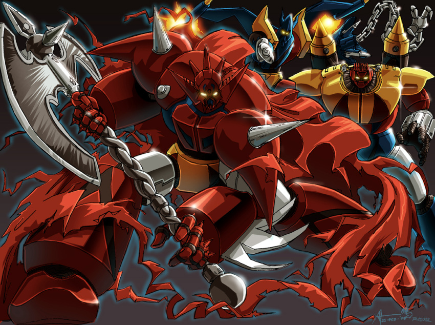 axe cape collaboration getter_dragon getter_liger getter_poseidon getter_robo getter_robo_g glowing glowing_eyes mecha no_humans omni-existence rex-203 weapon