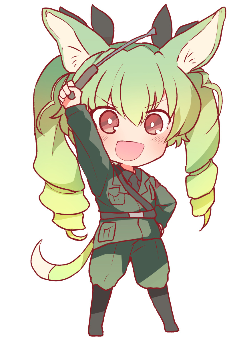 1girl absurdres anchovy animal_ears anzio_military_uniform arm_up bangs belt black_belt black_footwear black_neckwear black_ribbon black_shirt boots chibi commentary dog_ears dog_tail dress_shirt drill_hair eyebrows_visible_through_hair full_body girls_und_panzer green_hair grey_jacket grey_pants hair_ribbon hand_on_hip highres holding jacket kemonomimi_mode knee_boots long_hair long_sleeves looking_at_viewer military military_uniform miluke necktie open_mouth pants red_eyes ribbon riding_crop sam_browne_belt shirt simple_background smile solo standing tail twin_drills twintails uniform v-shaped_eyebrows white_background