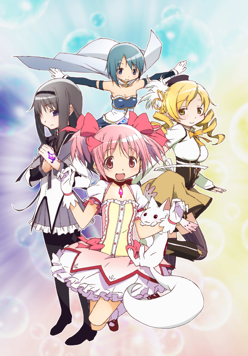 absurdres akemi_homura black_hair blonde_hair blue_eyes blue_hair blush boots bow breasts bubble_skirt cape cleavage detached_sleeves drill_hair footwear gloves hair_bow hairband hat highres kaname_madoka kyubey legs long_hair magical_girl mahou_shoujo_madoka_magica miki_sayaka multiple_girls official_art open_mouth pantyhose pink_eyes pink_hair purple_eyes red_hair redhead short_hair smile socks striped striped_legwear thigh-highs thighhighs tomoe_mami twintails violet_eyes yellow_eyes zettai_ryouiki