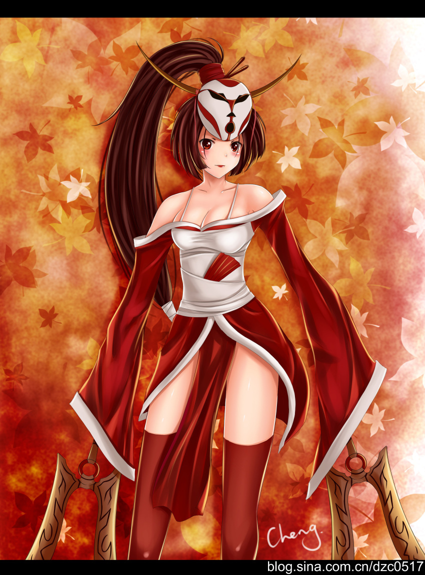 absurdres akali alternate_costume bloodmoon_akali blush breasts brown_hair cheng cheng(artist) cheng_(artist) cleavage high_ponytail highres japanese_clothes leaf league_of_legends loincloth long_hair ponytail red_eyes sleeves_past_wrists thigh-highs thighhighs very_long_hair weapon weapons