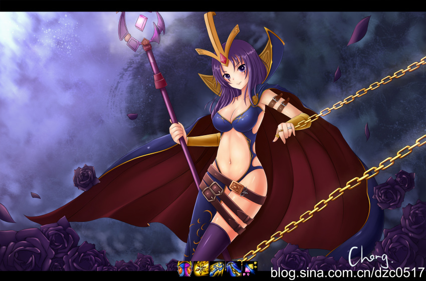 arm_strap asymmetrical_clothes belt beltskirt bracer breasts cape chain chains cheng cheng(artist) cheng_(artist) cleavage emilia_leblanc facial_mark flower hair_ornament highres jewelry jewlry league_of_legend league_of_legends leblanc multiple_belts navel purple_eyes purple_hair purple_rose ring rings rose roses short_hair smile solo staff thigh-highs thighhighs violet_eyes