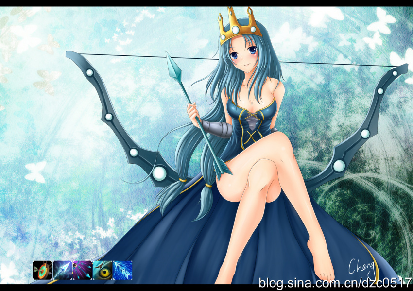 arrow ashe ashe_(league_of_legends) barefoot blue_eyes blue_hair blush bow bow_(weapon) breasts cheng cheng_(artist) cleavage crossed_legs crown dress highres league_of_legends legs_crossed long_hair sitting smile very_long_hair weapon