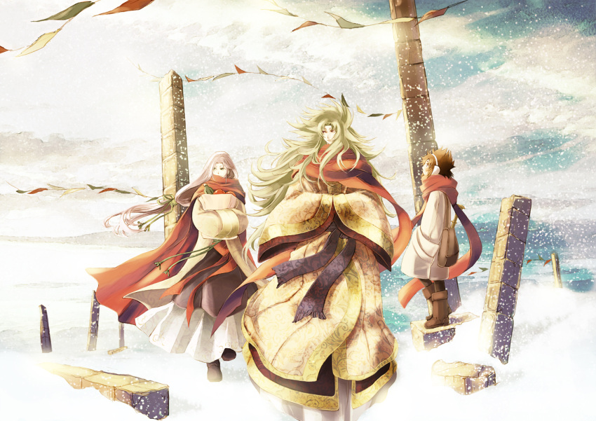 aries_mu aries_shion blonde_hair brown_hair earmuffs ichi_(ringogogo777) kiki_(saint_seiya) long_hair multiple_boys outdoors pink_hair saint_seiya scarf snow winter winter_clothes