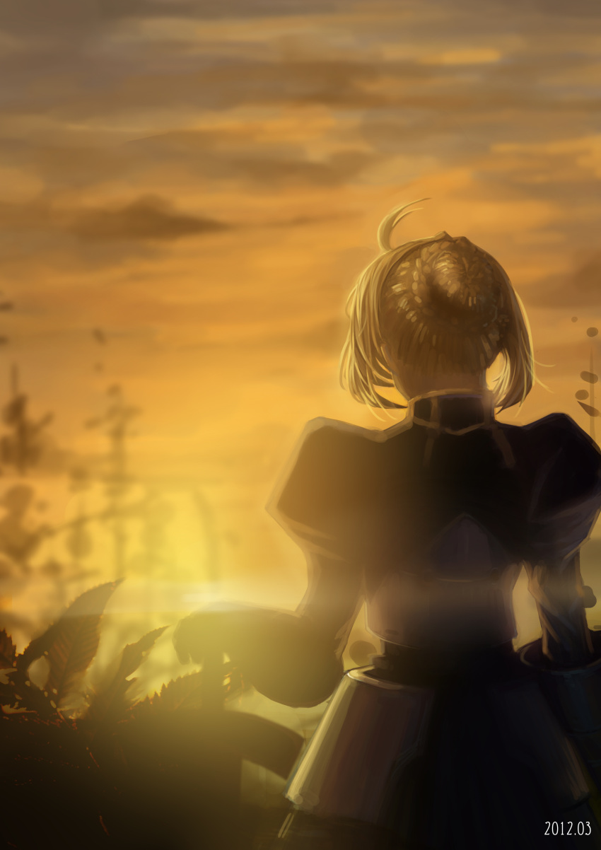 absurdres ahoge braid dress fate/stay_night fate_(series) from_behind hair_bun hand_on_hilt highres juliet_sleeves long_sleeves monochrome puffy_shoulders_long_sleeves puffy_sleeves saber shuizhanglang solo sunset sword weapon