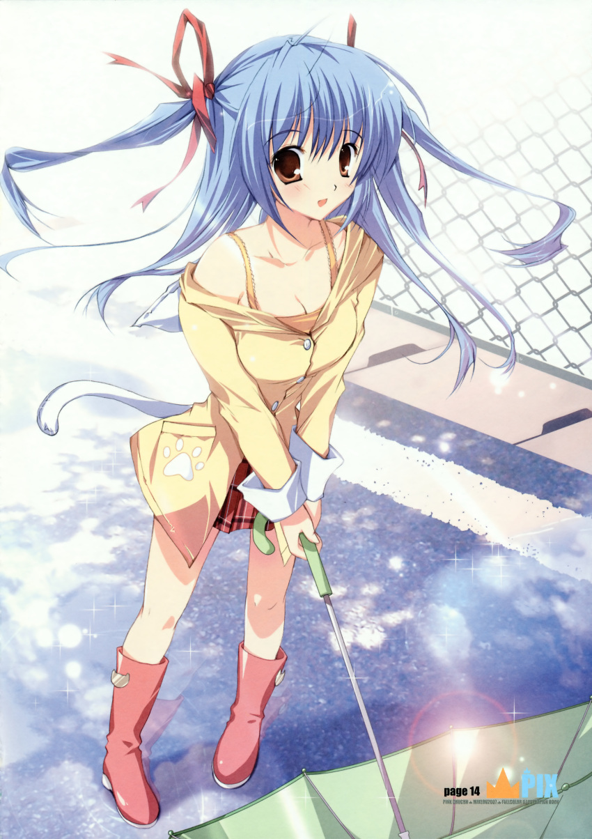 1girl absurdres blue_hair boots breasts brown_eyes cleavage copyright_request fence hair_ribbon highres mikeou ribbon rubber_boots tail twintails umbrella