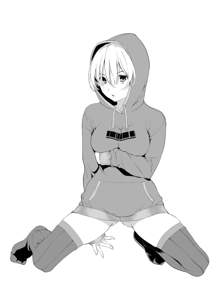 ass breast_hold breasts highres hikapan hoodie kneeling looking_at_viewer monochrome no_shoes open_mouth original simple_background solo thigh-highs thighhighs