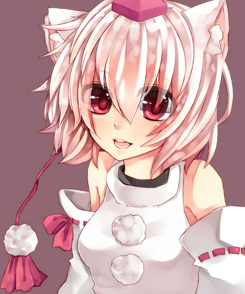 animal_ears bare_shoulders breasts detached_sleeves hat highres inubashiri_momiji open_mouth red_eyes short_hair smile solo tokin_hat touhou wakatsuki_you white_hair wolf_ears