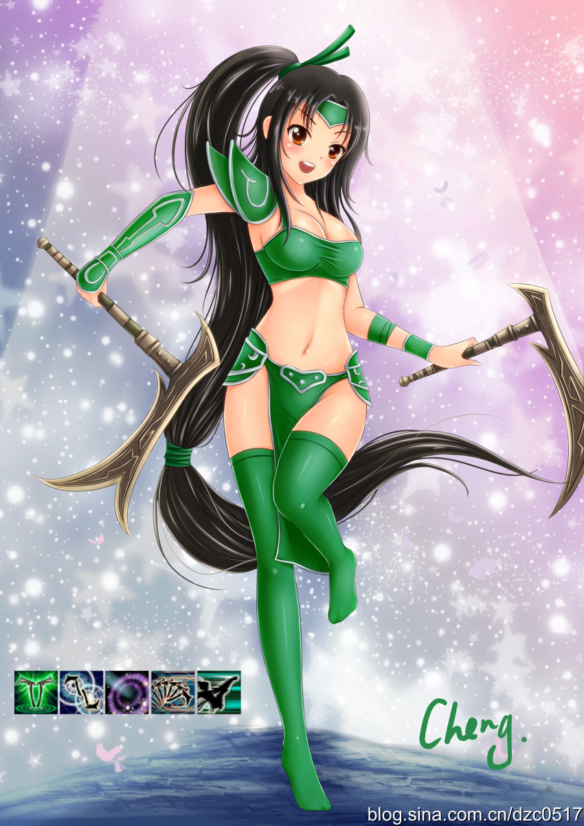 :d absurdly_long_hair absurdres akali armor bikini_armor black_hair blush bracer breasts brown_eyes cheng cheng_(artist) cleavage dual_wielding hair_ribbon headband high_ponytail highres kama_(weapon) league_of_legends loincloth long_hair low-tied_long_hair navel ninja open_mouth pony_tail ponytail red_eyes ribbon shoulder_pads smile thigh-highs thighhighs very_long_hair weapon wristband