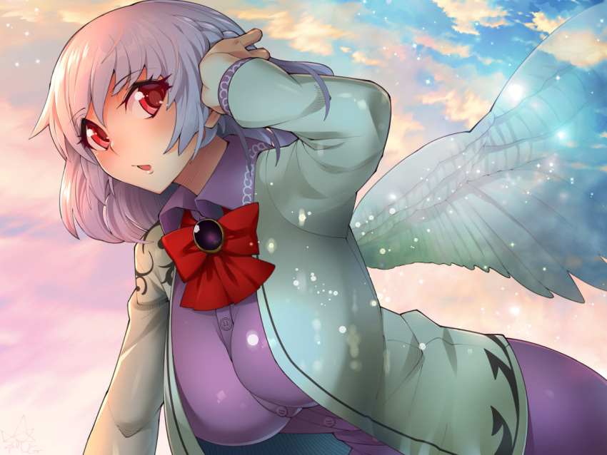 1girl angel_wings bangs beige_jacket bent_over blue_sky blush braid breasts brooch clouds cloudy_sky dress error eyebrows_visible_through_hair french_braid from_side hand_up hanging_breasts jewelry kishin_sagume large_breasts light_particles long_sleeves looking_at_viewer open_mouth pink_lips pink_sky purple_dress red_eyes reflective_eyes ribbon shiny shiny_clothes shiny_hair short_hair silver_hair single_wing sky solo sunlight sunset touhou umigarasu_(kitsune1963) upper_body wings