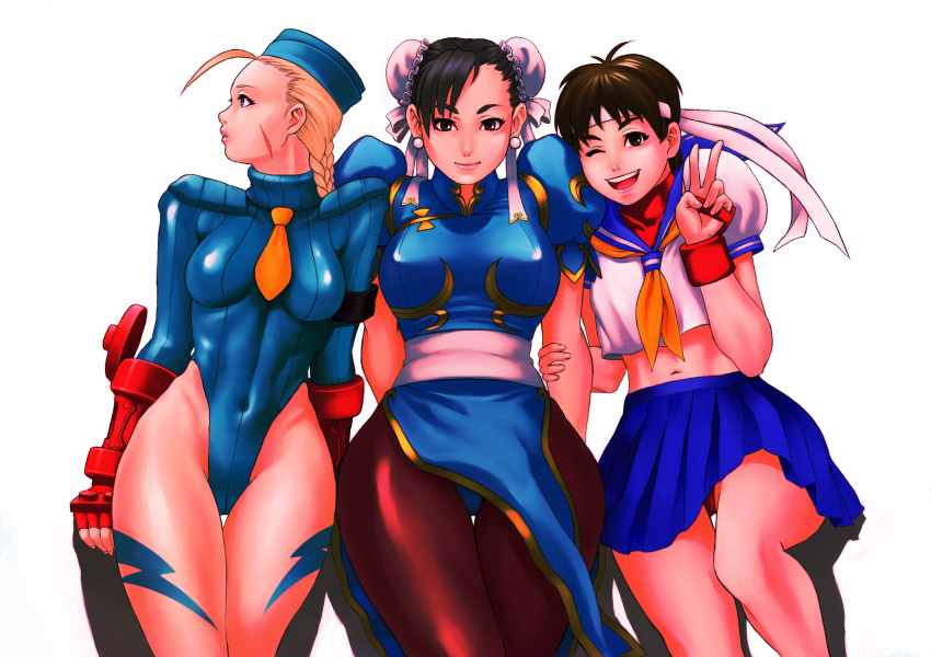 black_hair blonde_hair blue_eyes braid brown_eyes brown_hair brown_legwear buruma cammy_white capcom china_dress chinese_clothes chun-li double_bun earrings fingerless_gloves garrison_cap gloves hat highres hips jewelry kasugano_sakura leotard long_hair looking_at_viewer looking_away midriff multiple_girls navel necktie pantyhose scar school_uniform serafuku solid_air street_fighter thigh_gap thighs thong_leotard wide_hips wink