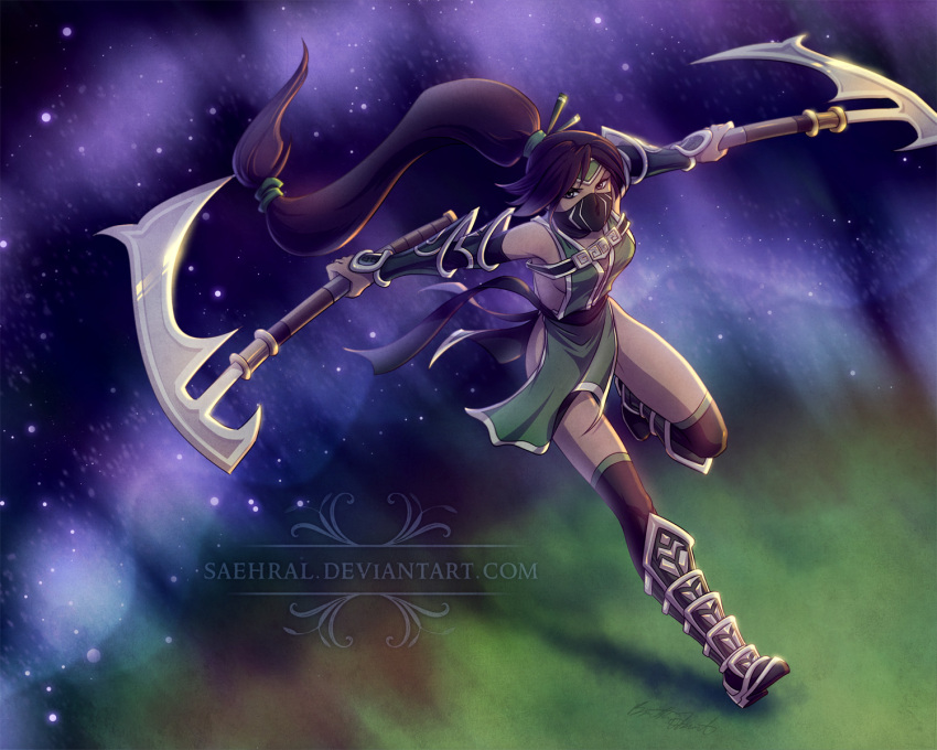 akali boots bracer breasts brown_eyes brown_hair detached_sleeves dual_wielding hair_ribbon headband high_ponytail highres kama_(weapon) league_of_legends long_hair mask ponytail ribbon saehral sideboob thigh-highs thighhighs very_long_hair weapon