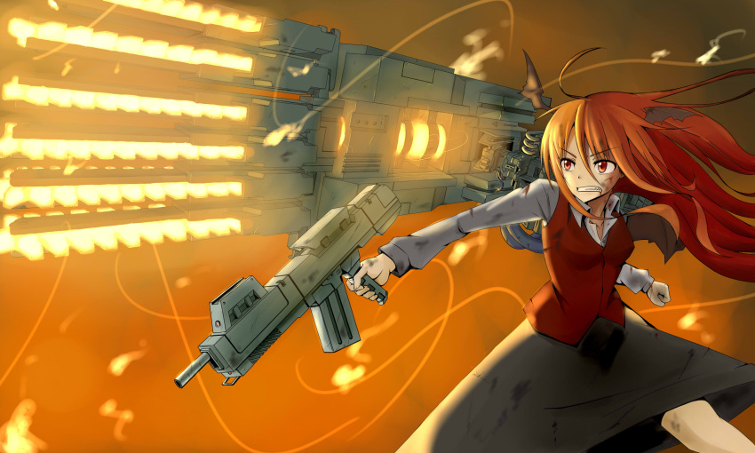 ahoge armored_core armored_core:_for_answer armored_core_5 assault_rifle bleeding blood clenched_teeth collarbone dirty dress dress_shirt fighting_stance glowing glowing_weapon grind_blade gun head_wings highres huge_weapon injury koakuma m92fs pun red_eyes red_hair redhead rifle shirt skirt solo the_embodiment_of_scarlet_devil touhou vest weapon white_shirt