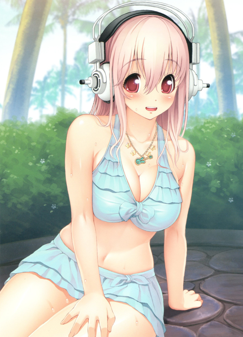 absurdres arm_support blush breasts bush cleavage hand_on_thigh headphones highres jewelry large_breasts long_hair looking_at_viewer midriff navel necklace nitroplus open_mouth pink_eyes pink_hair skirt smile solo super_sonico tree tsuji_santa