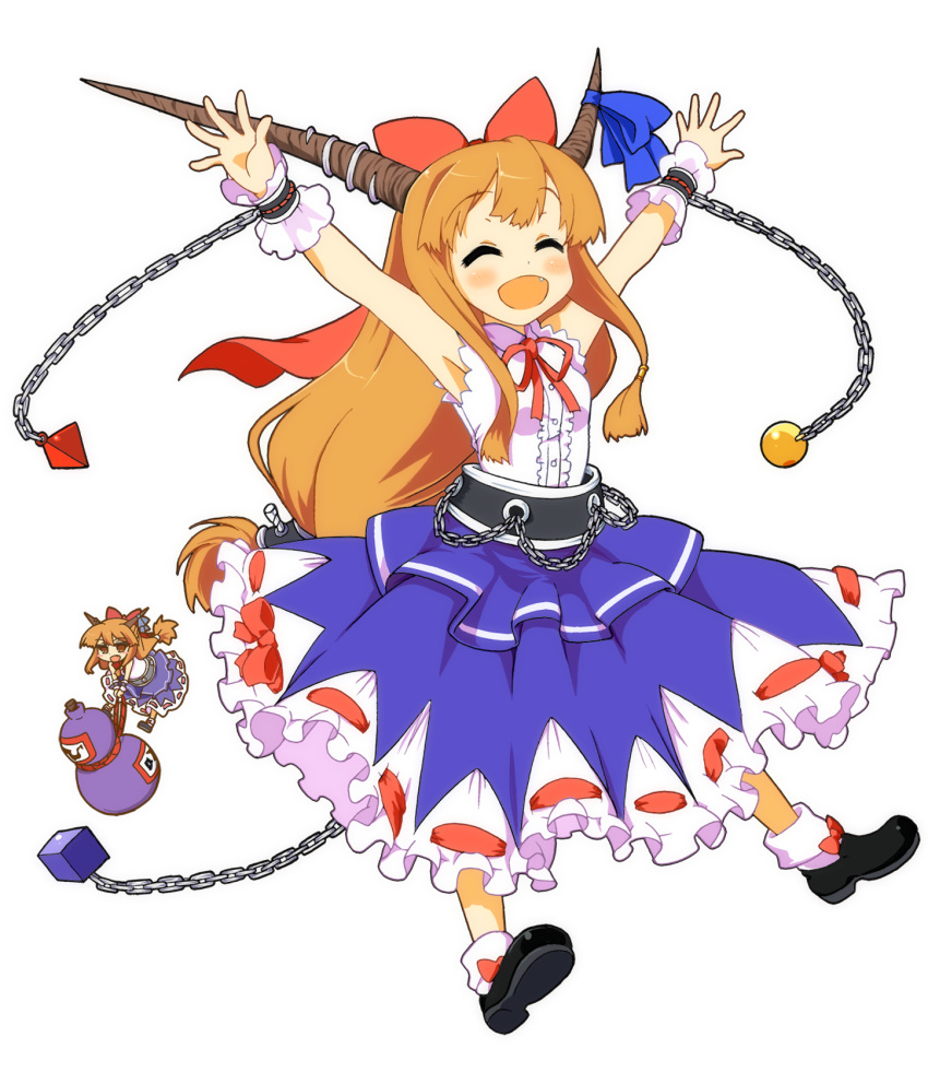 :d \o/ ^_^ armpits arms_up chain chains clone closed_eyes eyes_closed fang gourd happy highres horns ibuki_suika long_hair minigirl multiple_girls open_mouth orange_hair outstretched_arms sleeveless sleeveless_shirt smile touhou transparent_background wara_(warapro) wrist_cuffs