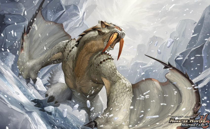 capcom claws fur glowing_eyes highres mh monster monster_hunter monster_hunter_3 monster_hunter_tri mountains official_art sabertooth snow spikes tail tusks white_hair wings wyvern yellow_eyes