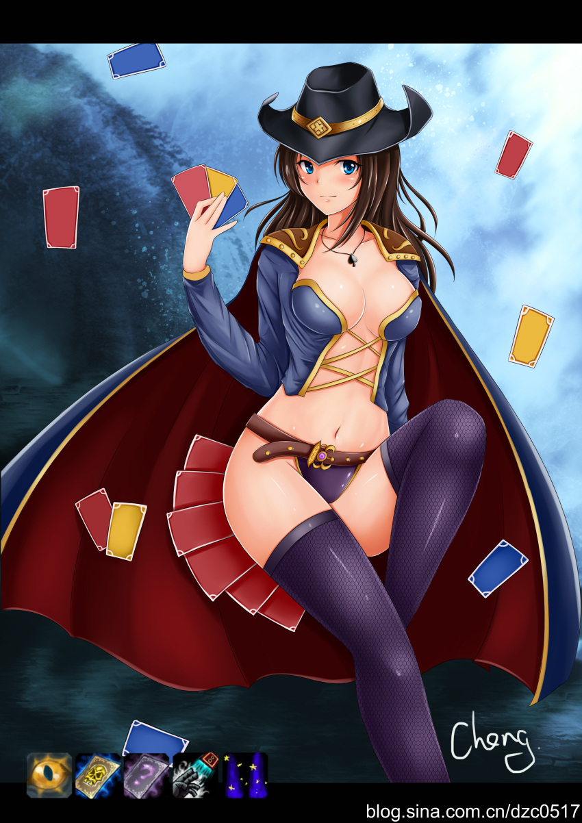 absurdres belt bikini_bottom blue_eyes blush breasts brown_hair cape card cards cheng cheng(artist) cheng_(artist) cleavage gender_swap genderswap hat highres holding holding_card league_of_legends long_hair navel necklace smile solo thigh-highs thighhighs twisted_fate