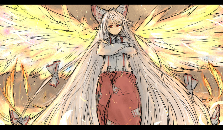crossed_arms fiery_wings fujiwara_no_mokou letterboxed n72 solo touhou wings