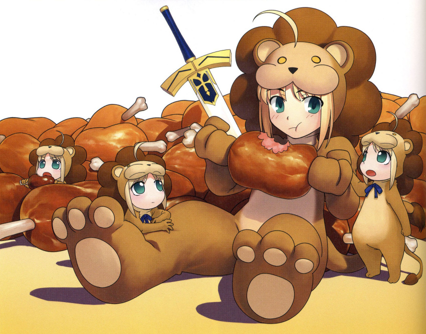 ahoge animal_costume blonde_hair boned_meat child cub eating excalibur fate/stay_night fate/tiger_colosseum fate_(series) food green_eyes highres higurashi_ryuuji lion lion_costume meat mother_and_child multiple_girls paws ryuuji saber_lion sword type-moon weapon