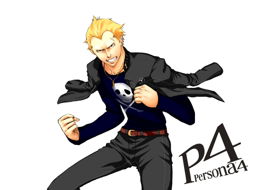 angry belt bleached_hair blonde_hair bullet clenched_hands clenched_teeth delinquent earrings highres jacket jacket_on_shoulders jewelry jolly_roger long_sleeves male necklace pants persona persona_4 piercing scar simple_background skull solo tatsumi_kanji title_drop white_background widow's_peak widow's_peak xefer