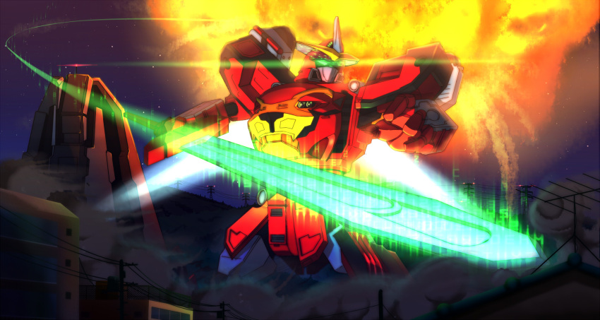 cb-01_ace epic explosion fangs glowing glowing_eyes go-buster_ace highres horn house keepvalley mecha night no_humans number power_lines solo star_(sky) super_sentai sword tokumei_sentai_go-busters weapon