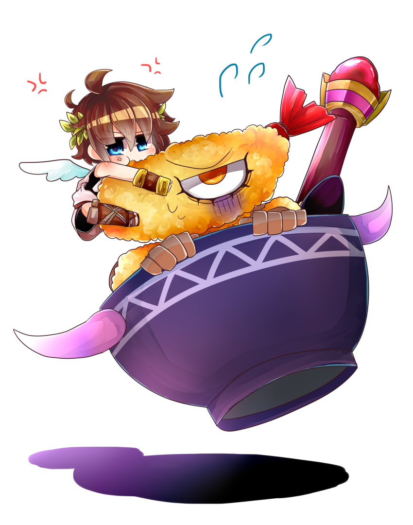 absurdres bowl brown_hair chibi food highres horns irony kid_icarus kid_icarus_uprising pit pit_(kid_icarus) pitoichi short_hair shrimp shrimp_tempura simple_background tempura tempura_wizard wings