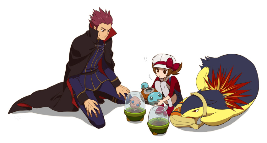 bag bag_removed berries brown_hair cabbie_hat cape hat kneeling kotone_(pokemon) objectification pokemon pokemon_(game) pokemon_gsc pokemon_hgss red_hair redhead simple_background spiked_hair spiky_hair squirt_bottle squirtle sweatdrop twintails typhlosion wataru_(pokemon) watering_can white_background white_legwear yohi