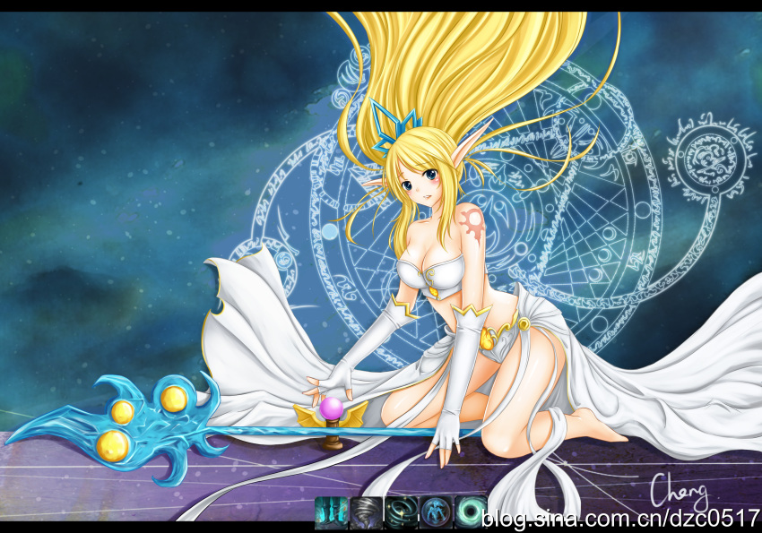absurdres barefoot blonde_hair blue_eyes blush breasts cheng cheng_(artist) cleavage corset detached_sleeves elbow_gloves fingerless_gloves gloves hair_ornament highres janna janna_windforce kneeling league_of_legends long_hair magic_circle midriff pointy_ears solo staff tattoo ward wind_lift