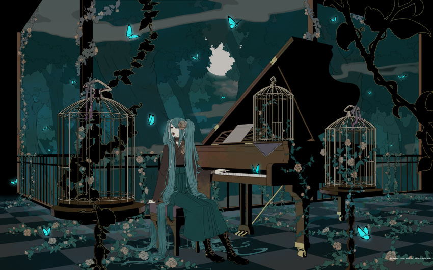 aqua_eyes aqua_hair boots butterfly cage eris eris_(straying_platoon) flower grand_piano hatsune_miku highres instrument japanese_clothes kimono long_hair mikumix moon open_mouth piano piano_bench rose scenery singing sitting solo twintails very_long_hair vocaloid wallpaper