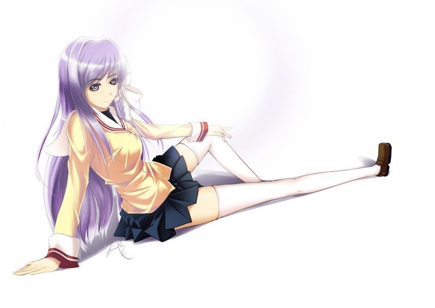 arm_support bad_perspective clannad dormant_wing fujibayashi_kyou highres long_hair purple_eyes purple_hair school_uniform thighhighs white