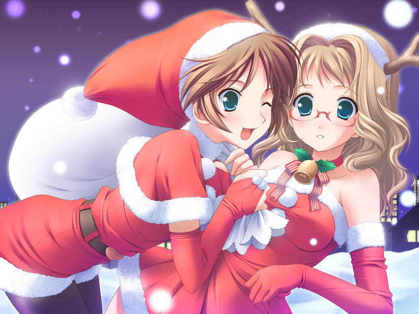 bare_shoulders black_legwear blonde_hair blue_eyes breasts brown_hair christmas elbow_gloves glasses gloves highres long_hair pantyhose reindeer_costume santa_costume short_hair skirt wallpaper