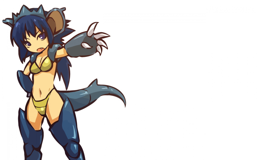 animal_ears armor bikini blue_eyes breasts claws cleavage fang fangs hitec long_hair midriff moemon navel nidoqueen open_mouth personification pokemon simple_background solo tail