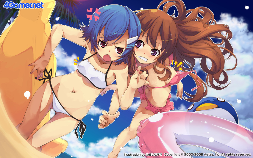 2girls bikini blue_hair fang long_hair outdoors pink_swimsuit short_hair side-tie_bikini sky swimsuit tagme violet_eyes wardrobe_malfunction