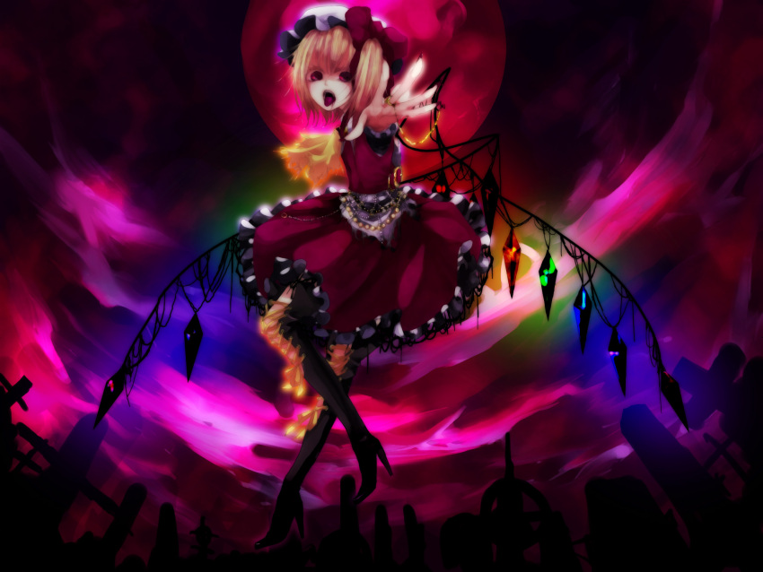 dress flandre_scarlet hat highres memai moon ponytail red_eyes short_hair side_ponytail touhou vampire wings